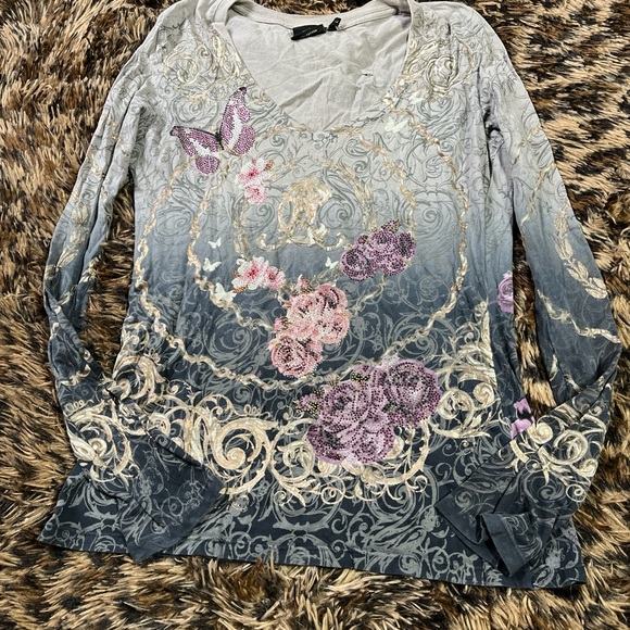 Christian Audigier Tops - Christian Audigier Gray and Pink Long Sleeve Top